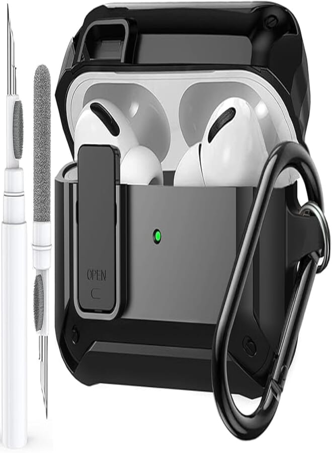 Olytop for Airpods Pro 2/1 Case Cover 2019/2022/2023, [Secure Lock] Armor Cool Airpod Pros 2nd/1st Generation with Cleaner Pen - Rugged Protective Shockproof Skin for Men with Keychain - Black